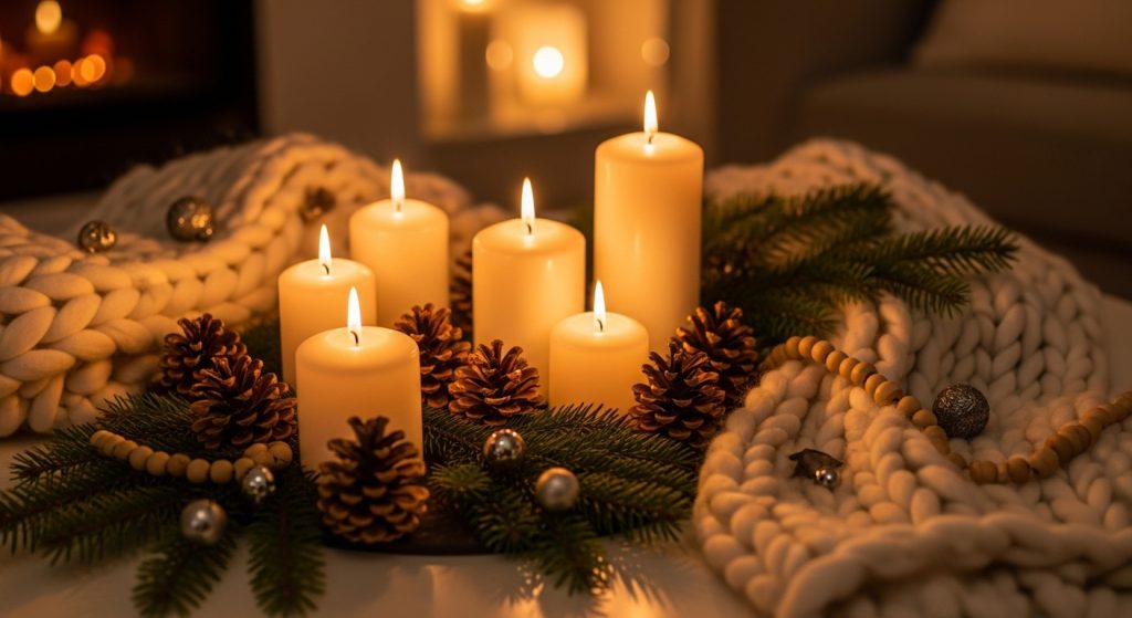 DIY Center Table Decor Ideas for Living Room 9 A cozy winter center table decorated with candles, wool textures, and pinecones, illuminated by warm seasonal lighting.