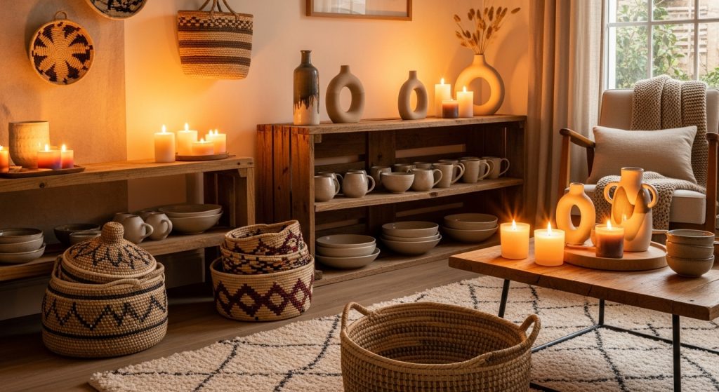 Eco Friendly Home Interior: Natural Ways to Decorate Sustainably 10 
A cozy, softly lit room with warm LED lighting, soy candles, handmade woven baskets, and local pottery on display, creating a natural and inviting ambiance.