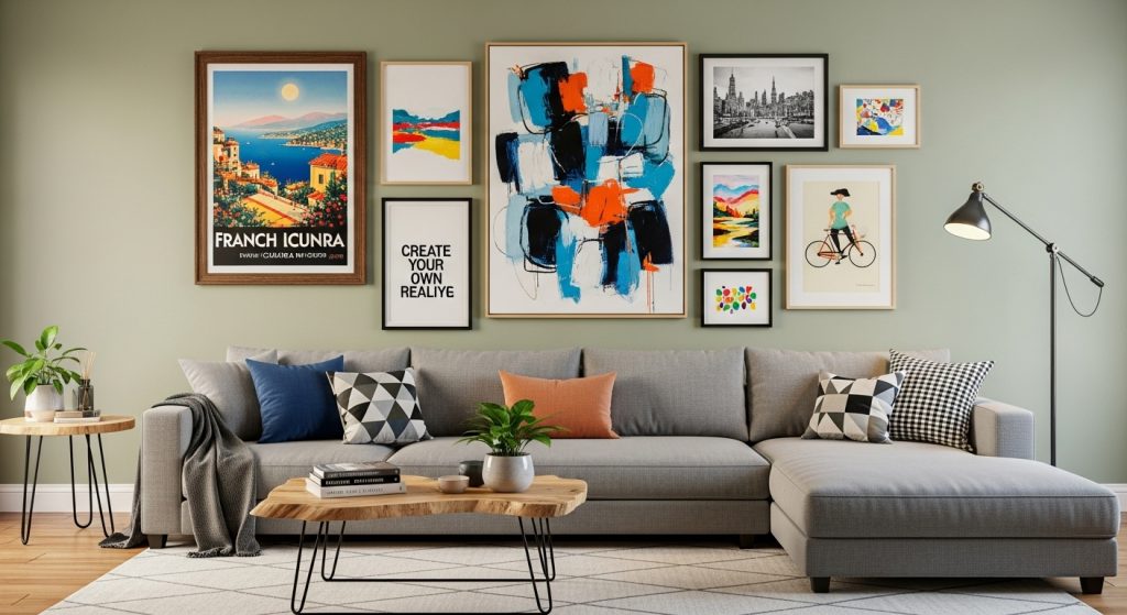 ALT Text: A modern eclectic living room with a gallery wall combining abstract, vintage, and typography art prints, creating a stylish and harmonious decor look.
