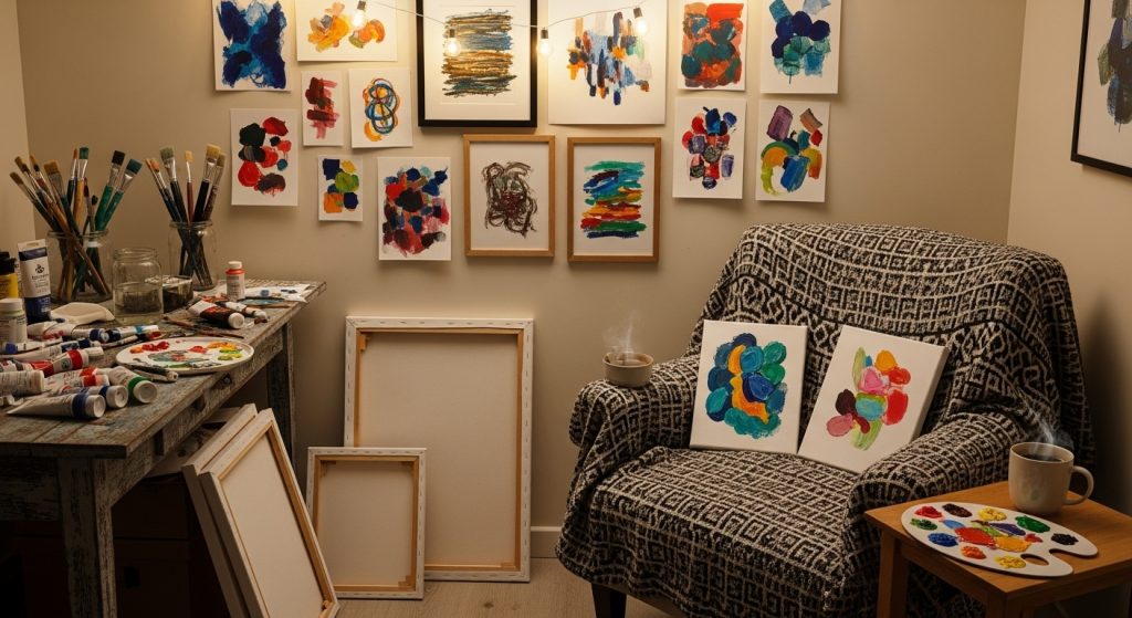 A cozy creative corner featuring paint supplies, small canvases, and DIY abstract art on the wall, creating a warm and personalized atmosphere.
