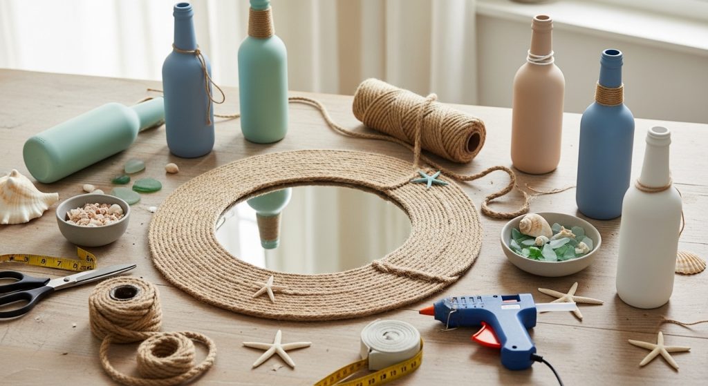 Coastal Home Styling: Calm & Beachy Decor Inspiration 9 
A crafting table displaying a DIY rope mirror project alongside glass bottles painted in soft coastal shades, creating a relaxed, beach-inspired décor look.