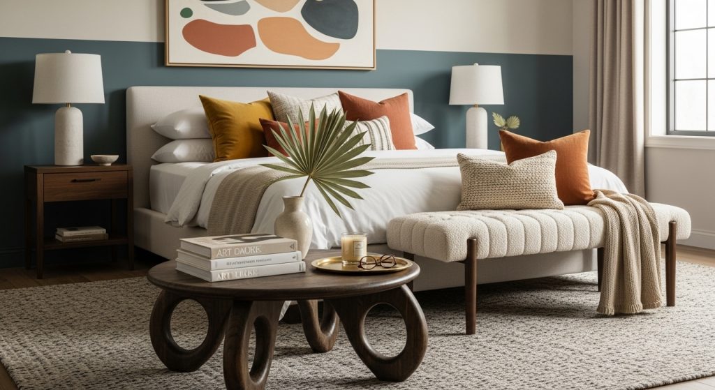 Accent Furniture for Decor: Statement Pieces That Elevate Any Room 8 A beautifully balanced bedroom featuring layered accent pieces  a sculpted table, a textured bench, and coordinated décor in harmonious colors. The scene highlights elegant design details, soft lighting, and a refined mix of textures that create a serene, stylish, and visually captivating interior.