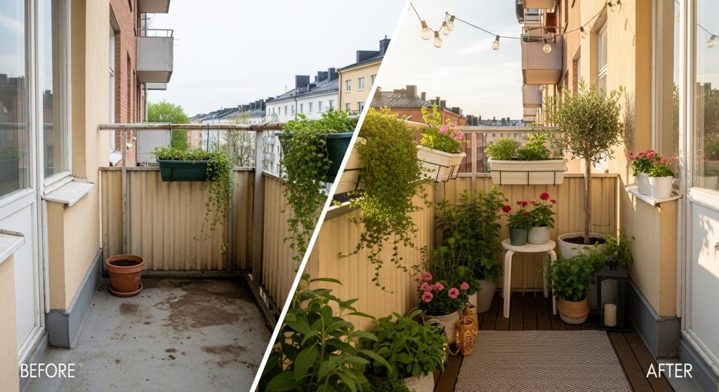 20 Creative Balcony Decoration Ideas You Can Try on a Budget 1 
A vibrant before-and-after image of a small balcony transformation, showing a dusty empty space turned into a lush green oasis with plants, string lights, and warm sunlight enhancing the lively colors and depth.