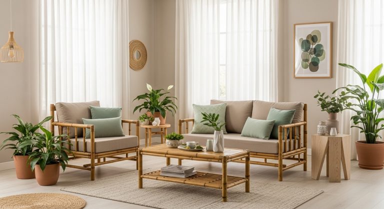 Bamboo Interior Ideas: Natural & Affordable Décor Inspiration 2 **“Modern living room with bamboo furniture, natural décor, soft sunlight, and neutral green tones — calm, eco-friendly, and stylish space.”**