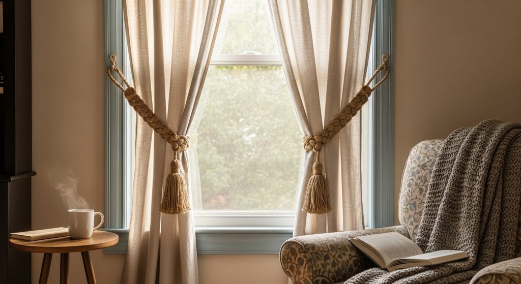 Modern Curtain Design for Living Room That Instantly Upgrade Your Space 11 A cozy living room featuring a DIY curtain setup with handmade tiebacks and painted trims adding a personal, creative touch.