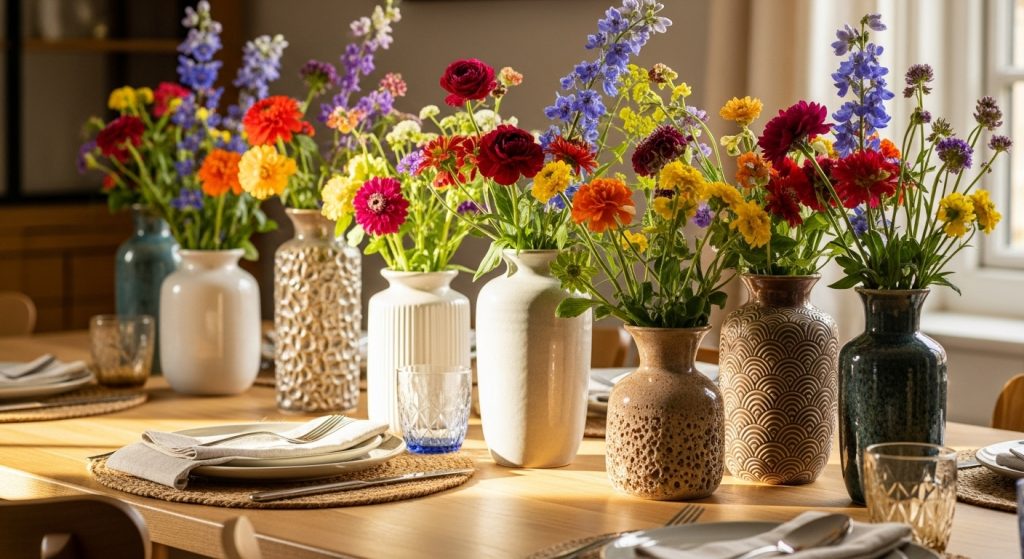 
A bright, cozy dining table decorated with colorful ceramic vases of different textures, each filled with fresh flowers. Soft sunlight enhances the vibrant colors and warm aesthetic of the scene.
