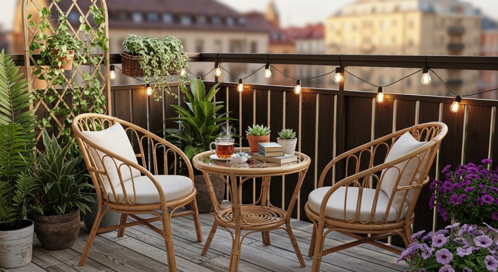 Creative Corner Decoration Ideas to Beautify Every Room 9 A cozy balcony corner with rattan furniture, string lights, and potted plants creating a relaxed, inviting, and nature-inspired atmosphere.