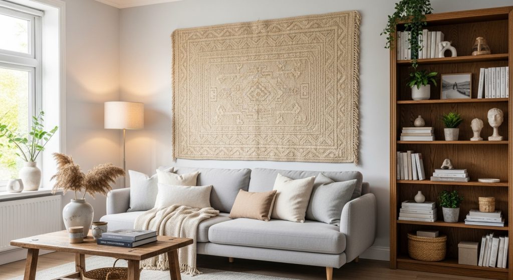 Wall Rug Placement Ideas to Add Warmth & Texture to Any Room 4 
A neutral-toned living room featuring a beige woven rug hanging above a light gray sofa, complemented by wooden furniture and warm lighting for a cozy, modern feel.