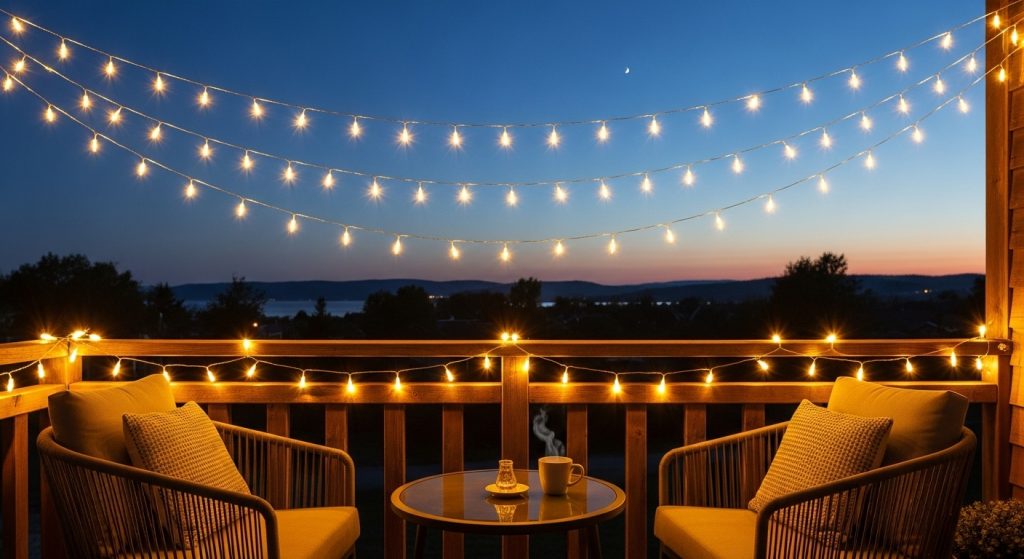 20 Creative Balcony Decoration Ideas You Can Try on a Budget 6 
Twinkling solar string lights draped over a balcony railing at dusk, casting a warm glow over cozy seating and creating a magical, starry evening ambiance.