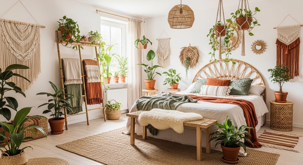 Boho Bedroom Decor on a Budget: Cozy & Chic Style for Less 5 A bright Boho bedroom with multiple indoor plants, hanging planters, and natural textures like rattan and bamboo, illuminated by soft, inviting light.