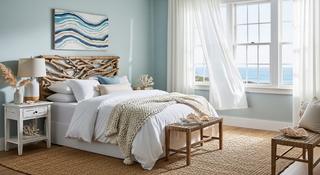 Coastal Home Styling: Calm & Beachy Decor Inspiration 4 
A cozy coastal bedroom with a woven jute rug, driftwood headboard, and soft white linens, complemented by airy curtains and soothing ocean-inspired tones for a relaxed seaside feel.