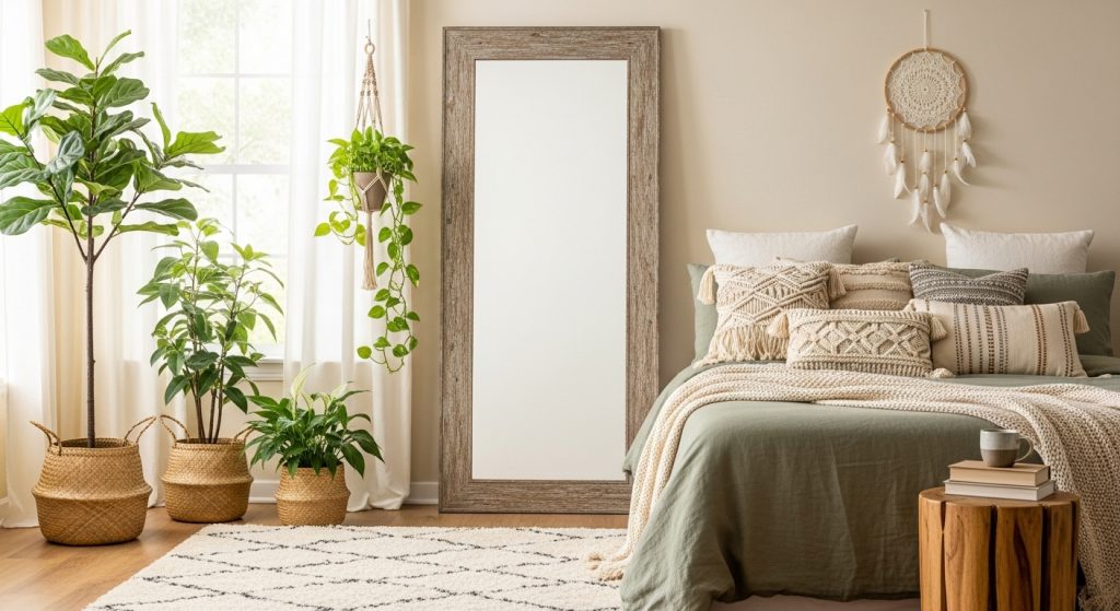 Mirror Decoration Ideas for Bedroom: Brighten Up Your Space 5 “Cozy bedroom with a floor-length mirror by the window, soft natural light, indoor plants, and boho-chic decor accents
