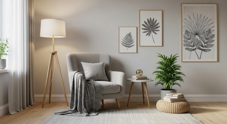 Creative Corner Decoration Ideas to Beautify Every Room 2 Corner decoration ideas for home featuring a cozy armchair with a throw blanket, floor lamp, small side table with books, indoor plant, and wall art illuminated by soft natural light, creating a warm, creative, and inviting nook.