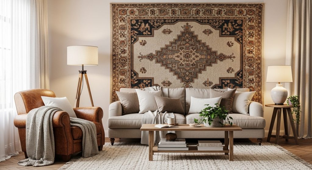 Wall Rug Placement Ideas to Add Warmth & Texture to Any Room 1 
A cozy living room featuring a large woven rug hanging behind the sofa, warm lighting, neutral tones, and soft textures that create an inviting and comfortable atmosphere.
