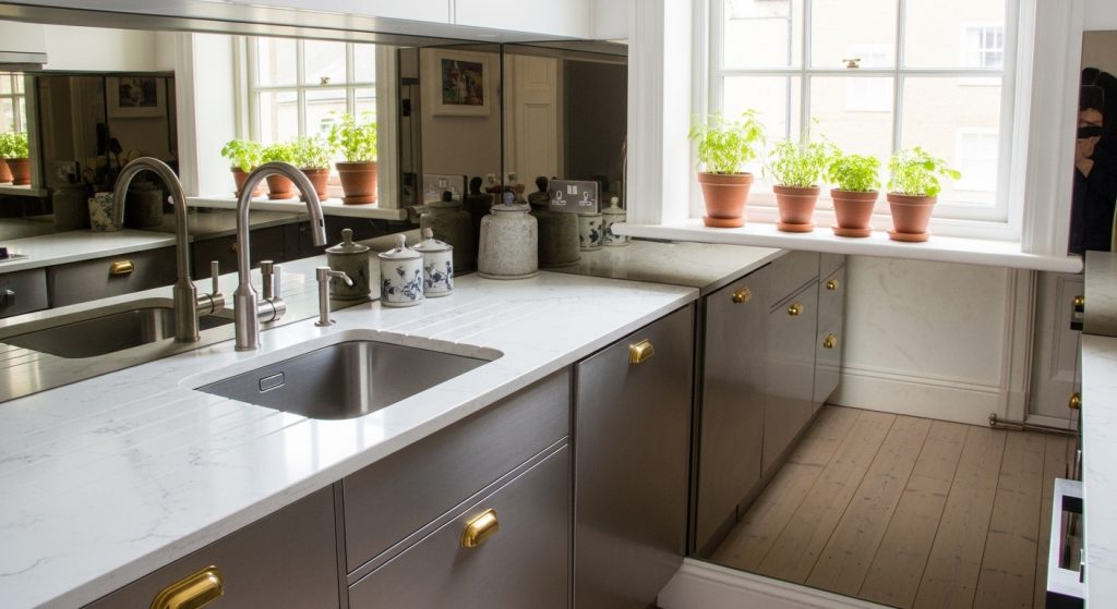 A small modern kitchen with a mirrored backsplash reflecting natural light and sleek metallic fixtures adding a bright, stylish touch.
