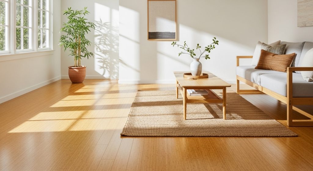 Bamboo Interior Ideas: Natural & Affordable Décor Inspiration 5 Bright modern home interior with smooth bamboo flooring, white walls, and natural decor elements illuminated by soft natural light.