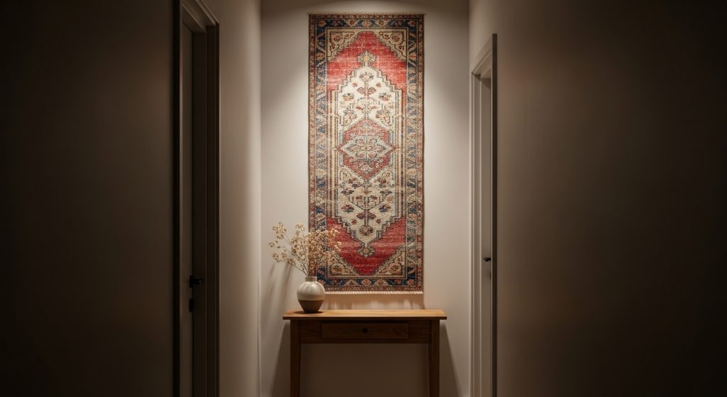 Wall Rug Placement Ideas to Add Warmth & Texture to Any Room 7 ALT Text:
A modern dining room featuring a woven wall rug behind the table, wooden chairs, and warm pendant lights overhead, creating a stylish and inviting ambiance.