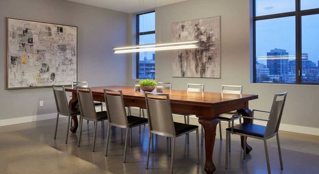 Vintage Style Interior on a Budget: Timeless Decor Tips 5 
A modern dining room featuring an antique wooden table paired with sleek metal chairs and minimal lighting, blending vintage charm with contemporary design.