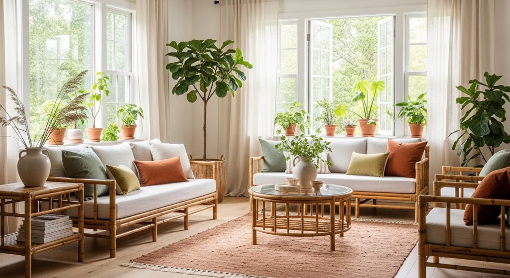 Eco Friendly Home Interior: Natural Ways to Decorate Sustainably 1 A bright, airy living room with natural light, indoor plants, bamboo furniture, and soft linen fabrics in earthy tones.
