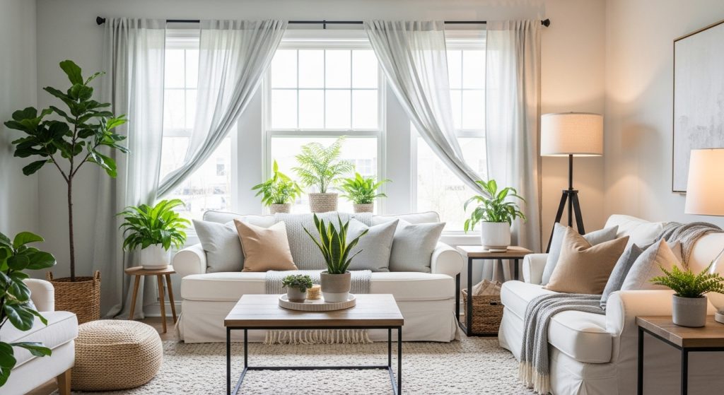 Modern Curtain Design for Living Room That Instantly Upgrade Your Space 1 A bright living room with large windows, sheer curtains, neutral furniture, green plants, and soft lighting creating a cozy, airy atmosphere.