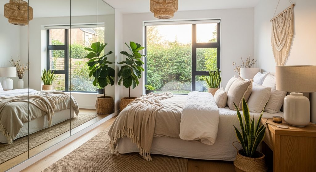Mirror Decoration Ideas for Bedroom: Brighten Up Your Space 1 **“Bright modern bedroom with large wall mirrors, soft neutral bedding, and minimal decor, filled with warm natural morning light.”**