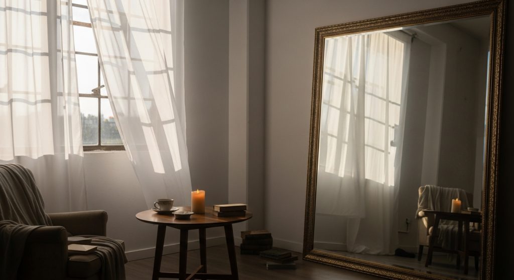 Minimalist Decor for Studios: Space Saving Tips You’ll Love 7  A studio with a large mirror reflecting sunlight from a window with sheer white curtains. A small table with a single candle sits nearby, creating a warm, inviting glow.