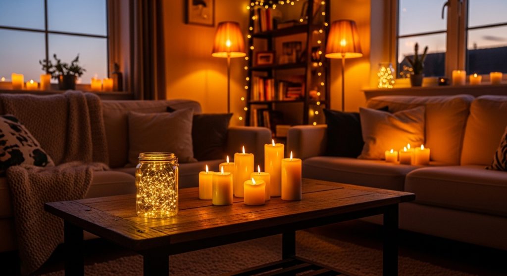 DIY Center Table Decor Ideas for Living Room 6 A glowing living room with candles on a center table, fairy lights in a jar, and soft ambient lighting creating a warm, cozy atmosphere.