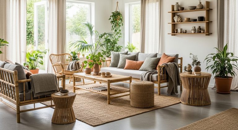 Eco Friendly Home Interior: Natural Ways to Decorate Sustainably 6 A bright and airy eco-friendly home interior with bamboo furniture, indoor plants, natural fiber rugs, and recycled wood accents creating a fresh, organic vibe.