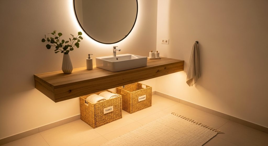 10 Genius Bathroom Storage Hacks You’ll Wish You Knew Sooner 11 Modern bathroom featuring woven baskets neatly labeled and stored under a floating vanity, creating a realistic and cozy aesthetic.