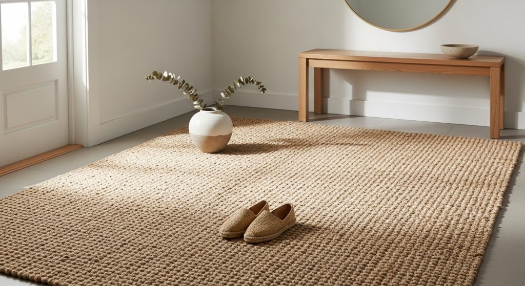 Entryway Makeover Ideas on a Budget: First Impression That Wow 6  Neutral-toned entryway featuring a jute rug, natural textures, soft lighting, and simple minimalist décor for a warm, welcoming feel.