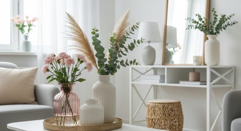 Vase Decoration Ideas to Give Your Room a Fresh Look 9 A bright and modern living space showcasing elegant vase decoration ideas with glass and ceramic vases filled with fresh flowers, pampas grass, and eucalyptus stems on a coffee table, console, and sideboard. The airy room features soft natural light, cozy textures, and a stylish, magazine-quality interior aesthetic.