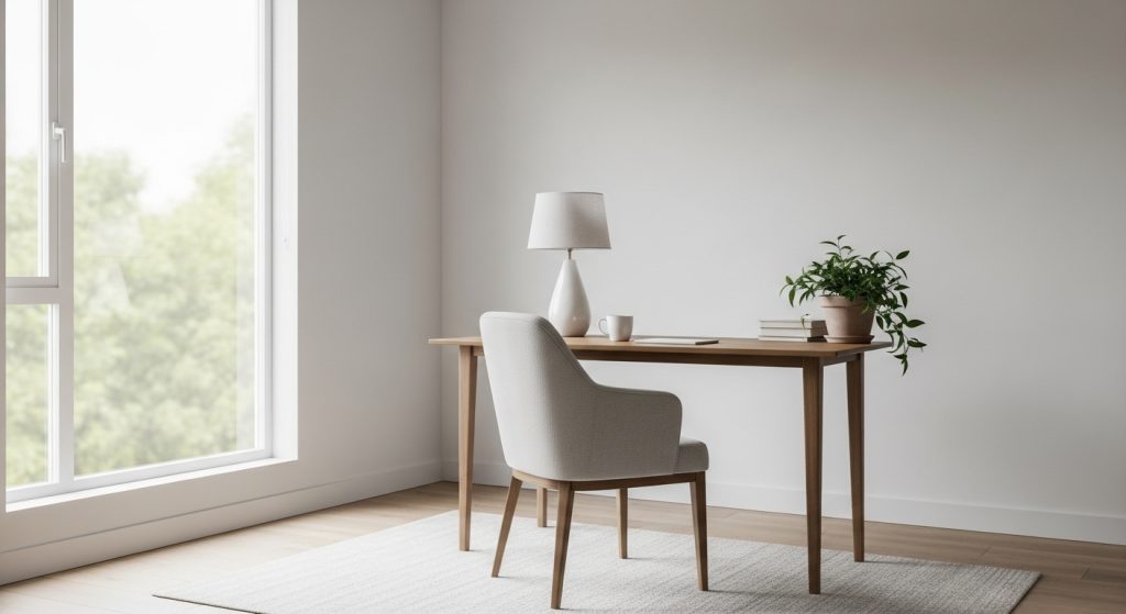 Minimalist Home Office Setup: Create a Productive & Calm Workspace 5  Cozy minimalist home office near a large window with soft natural light and neutral-colored decor.
