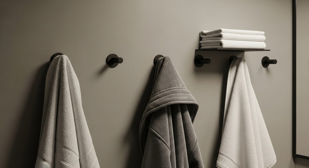 10 Genius Bathroom Storage Hacks You’ll Wish You Knew Sooner 9 A minimal bathroom wall featuring elegant matte black hooks neatly holding towels and robes, complementing a cozy, modern interior design.