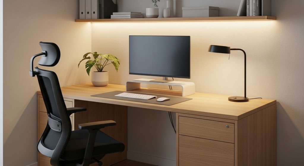 Minimalist Home Office Setup: Create a Productive & Calm Workspace 4  Modern minimalist desk setup with ergonomic chair, hidden storage, and soft lighting against a light wall background.