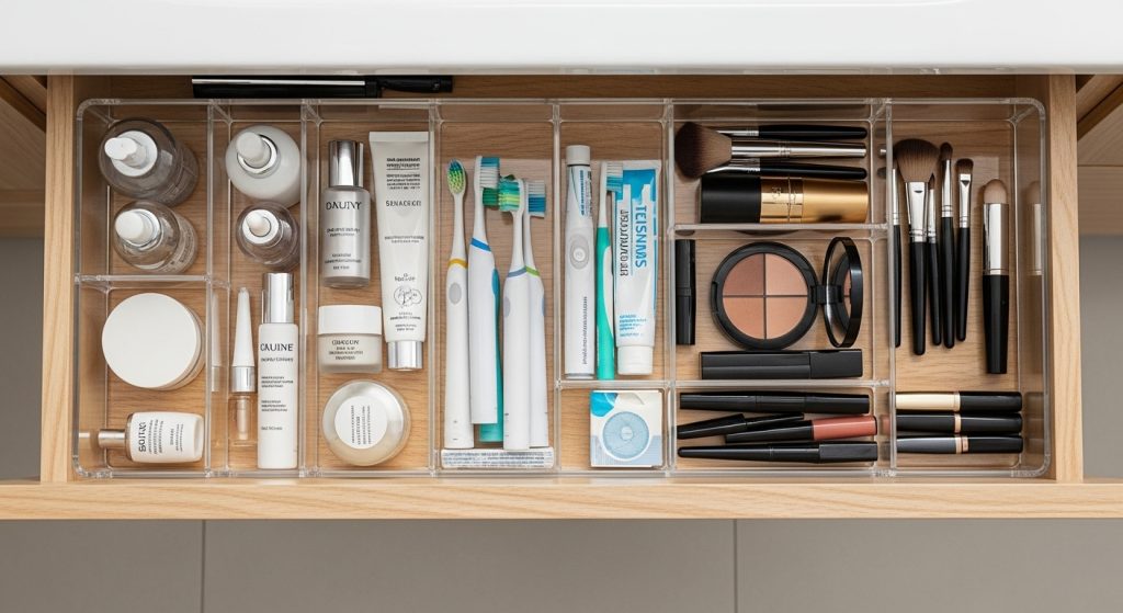 10 Genius Bathroom Storage Hacks You’ll Wish You Knew Sooner 6 Top-down view of a neatly organized bathroom drawer with clear acrylic dividers holding skincare, toothbrushes, and makeup.