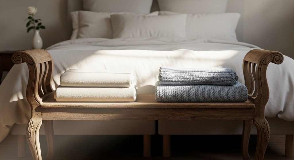 Accent Furniture for Decor: Statement Pieces That Elevate Any Room 20 An eye-catching image of a vintage bench placed at the foot of a bed, adorned with neatly folded blankets in a peaceful bedroom. Soft morning light fills the space, highlighting gentle textures, warm tones, and a cozy, timeless atmosphere.
