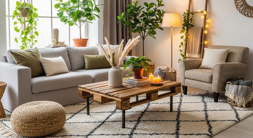 5 Recycled Furniture Design Ideas to Give Old Pieces New Life 2 “Living room styled with a pallet wood coffee table on a textured rug, complemented by greenery and soft lighting for a cozy natural look.”