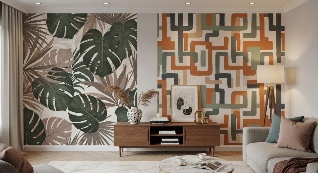 ALT Text: A chic living room wall featuring a large removable mural with a tropical or geometric pattern, soft lighting, and elegant modern styling.
