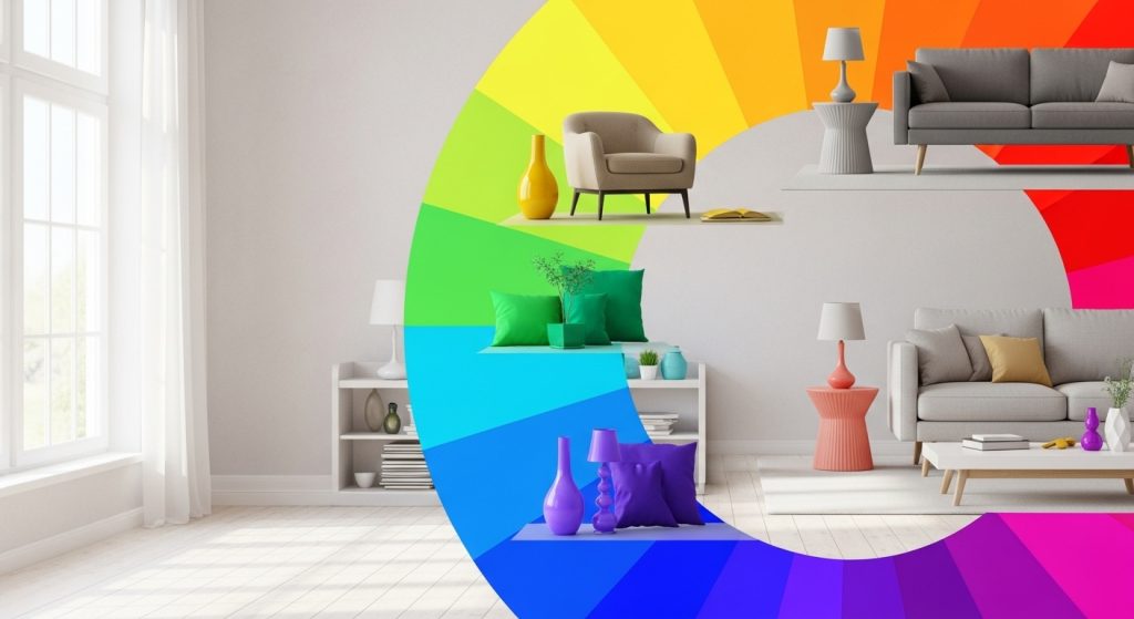 Accent Furniture for Decor: Statement Pieces That Elevate Any Room 15 An eye-catching color wheel creatively integrated with furniture examples, demonstrating how different accent colors enhance a room’s look. The image features vibrant hues, smooth gradients, and stylish furniture pieces, offering an inspiring visual guide to color coordination and interior design harmony.