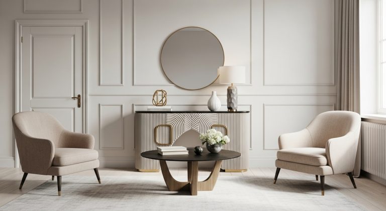 Accent Furniture for Decor: Statement Pieces That Elevate Any Room 2 A modern living room showcasing elegant accent furniture for decor , including a bold accent chair and a unique coffee table that add personality to the neutral-toned space. Bright natural light and soft shadows enhance the luxurious, balanced design, capturing a magazine-quality aesthetic with a focus on statement pieces that elevate the room’s style.