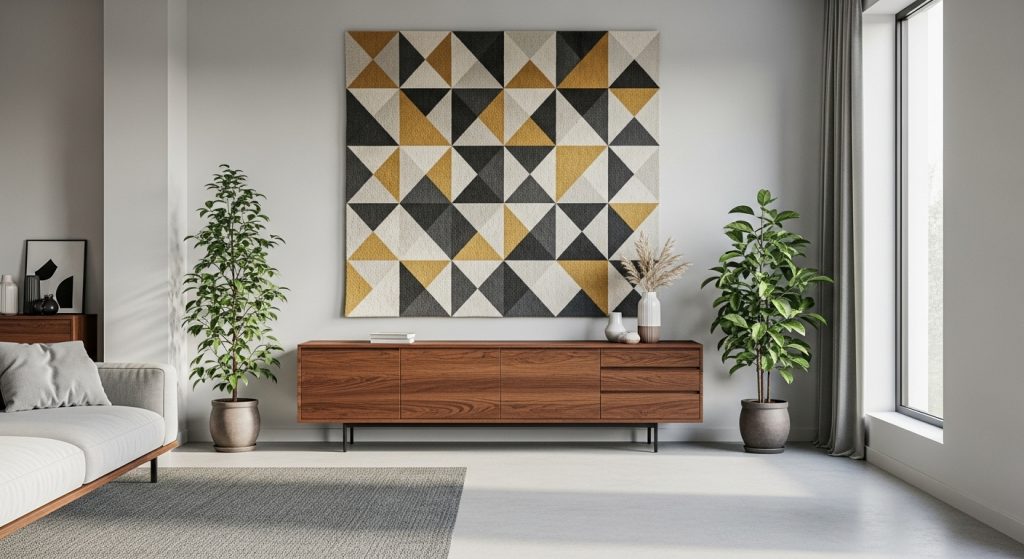 Wall Rug Placement Ideas to Add Warmth & Texture to Any Room 2 
A minimalist modern living room featuring a large geometric rug displayed as wall art above a sideboard, complemented by indoor plants for a clean, stylish look.