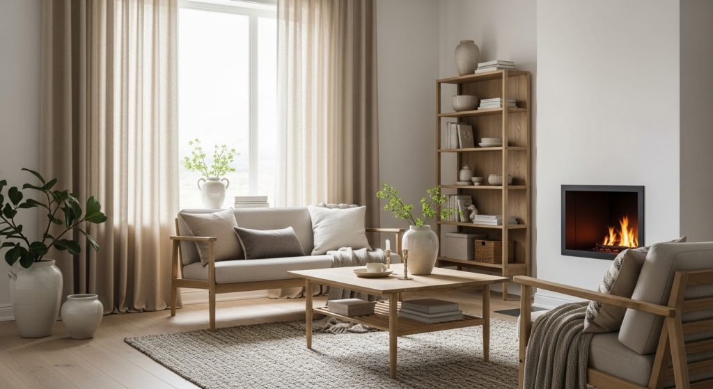 Modern Curtain Design for Living Room That Instantly Upgrade Your Space 5 A Scandinavian-inspired living room with beige linen curtains, wooden accents, and cozy throw pillows creating a warm, minimalist vibe.