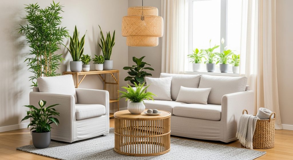 Bamboo Interior Ideas: Natural & Affordable Décor Inspiration 8 **“Serene living space featuring bamboo furniture, flooring, and lighting, accented with green plants and neutral tones for a warm, inviting look.”**