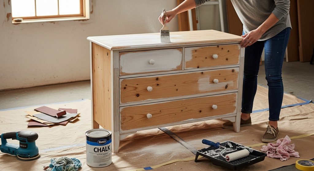 Vintage Style Interior on a Budget: Timeless Decor Tips 7 
A creative DIY setup showing a person painting a wooden dresser with white chalk paint and sanding it to achieve a worn, vintage-style finish.