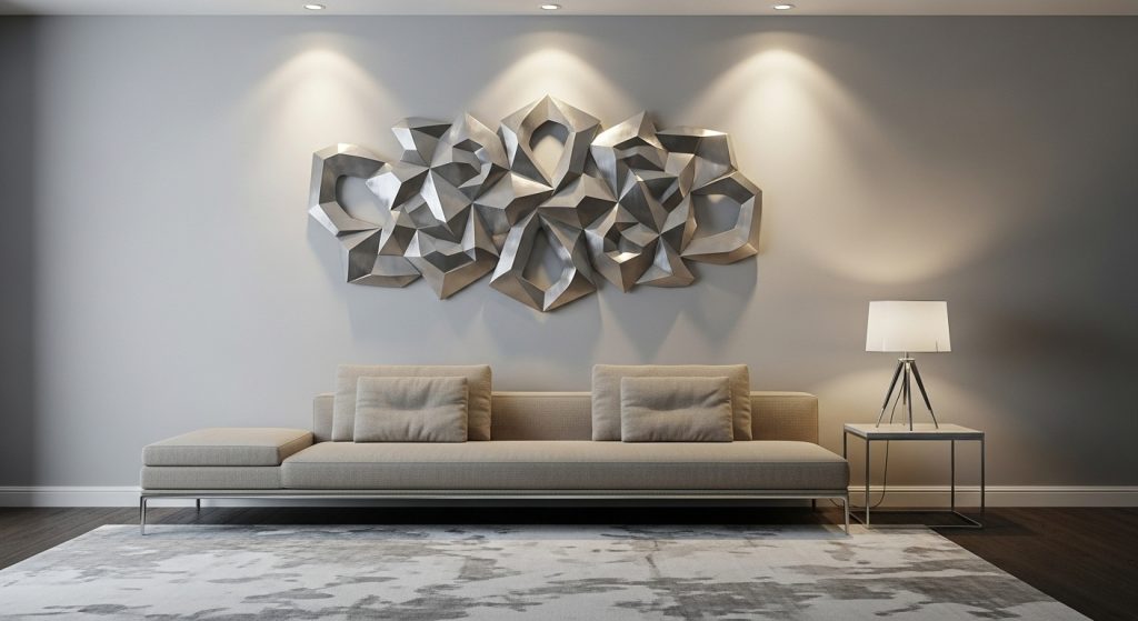 ALT Text: A contemporary living room wall with a metallic 3D wall sculpture, sleek modern furniture, neutral tones, and soft spotlights enhancing the textured design.
