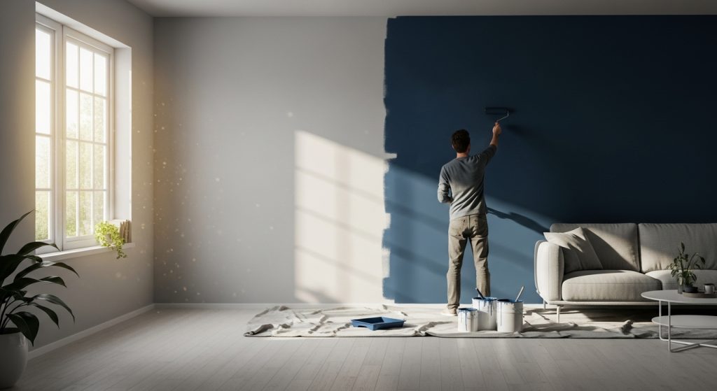 Budget Friendly Home Makeover Ideas You Can Try This Weekend 3 A person painting an accent wall in a modern living room with sunlight streaming in, highlighting the before-and-after transformation.