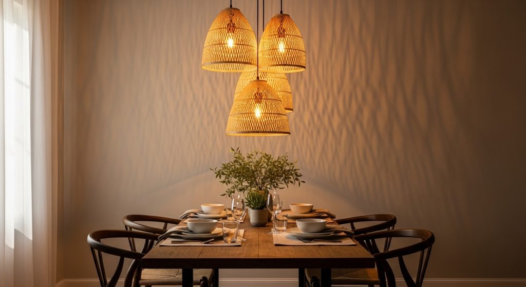 Bamboo Interior Ideas: Natural & Affordable Décor Inspiration 4 Warm dining space with woven bamboo pendant lamps, soft golden lighting, neutral walls, and wooden accents creating a cozy, natural feel.