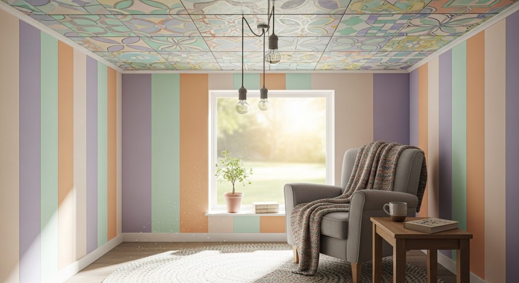 Simple Ceiling Decor Design That Transforms Any Room 10  A small cozy room featuring DIY patterned ceiling tiles, simple hanging lights, and pastel-colored walls that create a bright and cheerful atmosphere.
