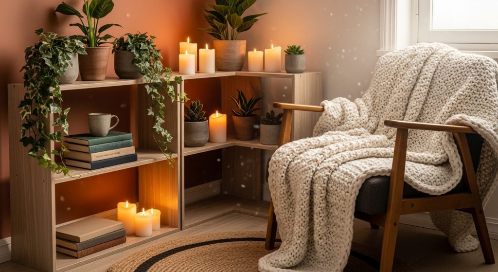  A cozy small apartment corner with wooden corner shelves decorated with plants, candles, and books, featuring warm lighting and a natural, inviting feel.
