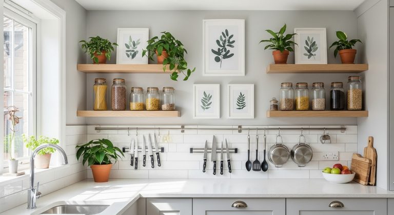 10 Small Kitchen Wall Decor Ideas to Make Your Space Look Bigger 3 Small kitchen wall decor ideas featuring open floating shelves with plants and jars, framed wall art, hanging utensils, and a light backsplash illuminated by natural sunlight for an airy, cozy, and elegant look.
